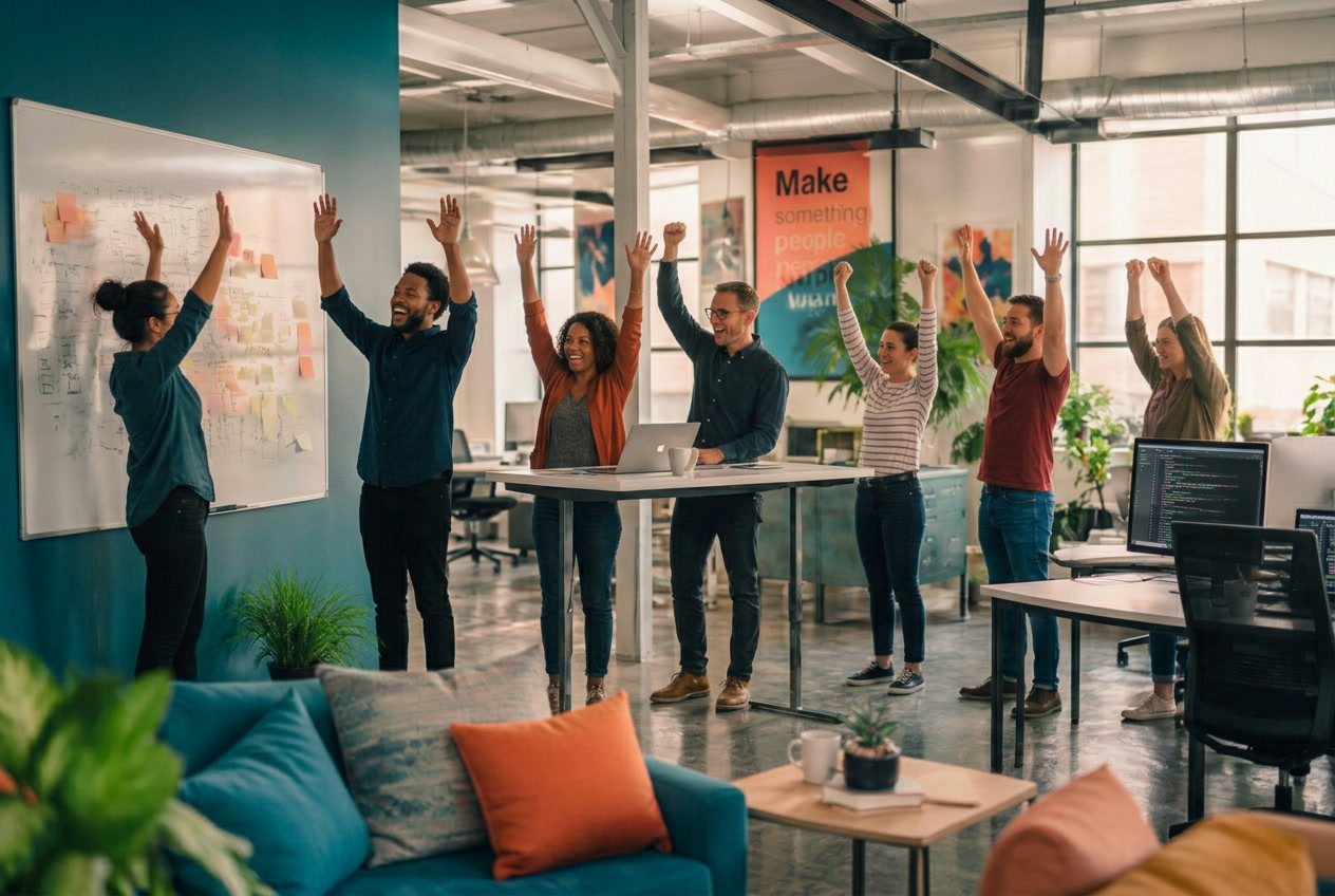 A diverse scale-up team standing aligned in a teal office, every member with both arms raised in celebration — energetic, connected and ready to move.